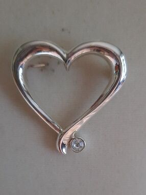 Silver Heart Brooch with Clear Stone Accent
